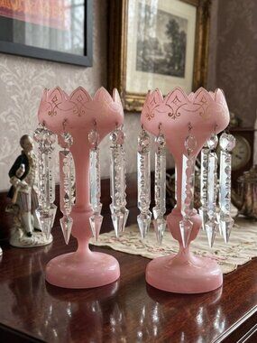 Pair Antique Victorian Pink Opaline Glass Mantle Lustres Crystals Candle Holders